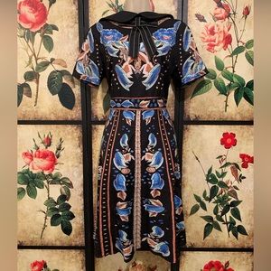 Beautiful Patterned A-Line Dress with Collar and Bow